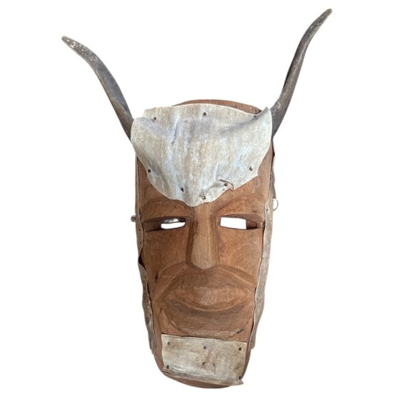 Other - Vintage Hand-Carved African Wooden Mask with Horns – Tribal Wall Art